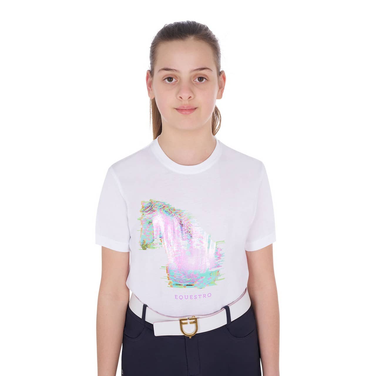 T-shirt bambina slim fit stampa cavallo interferenza