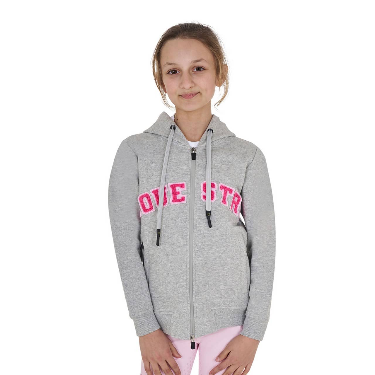 Felpa bambini con cappuccio zip e scritta effetto spugna