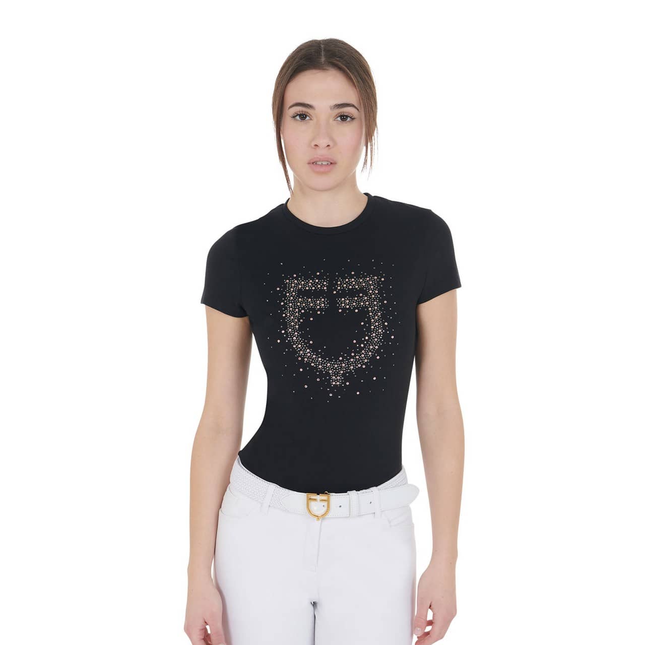 T-shirt donna slim fit logo strass rosa
