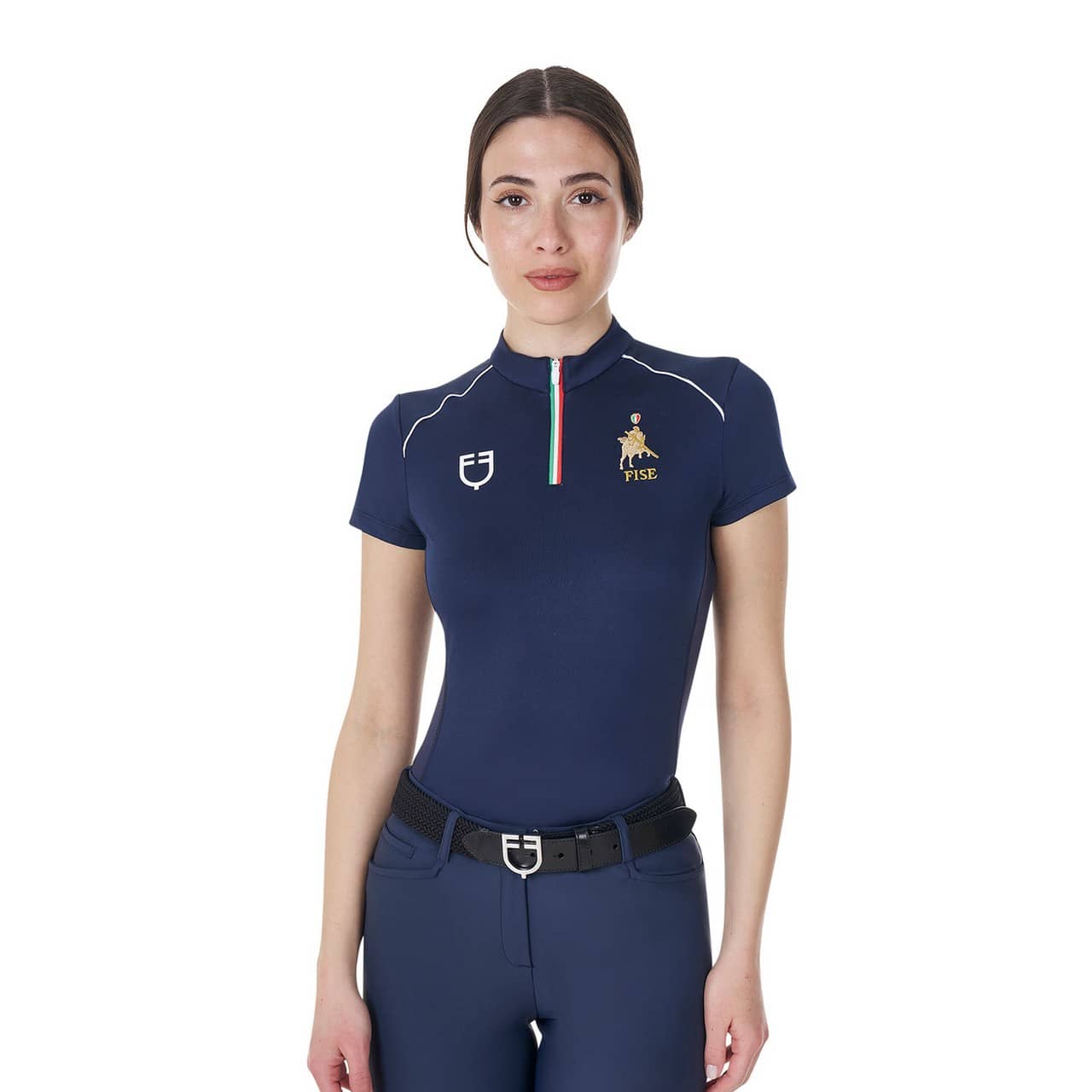 Polo donna da allenamento zip tricolore Equestro X FISE