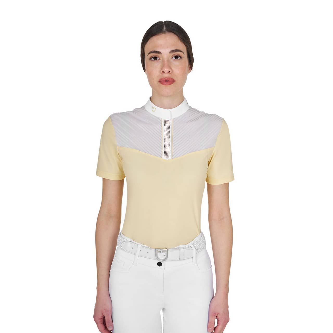 Polo concorso donna slim fit con inserti in tessuto simil seta