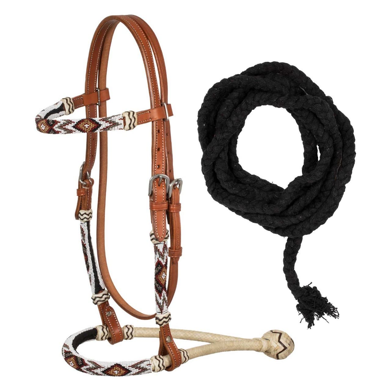 Briglia bosal con decorazioni in perline del sud-ovest e redini mecate in cotone, vista 1
